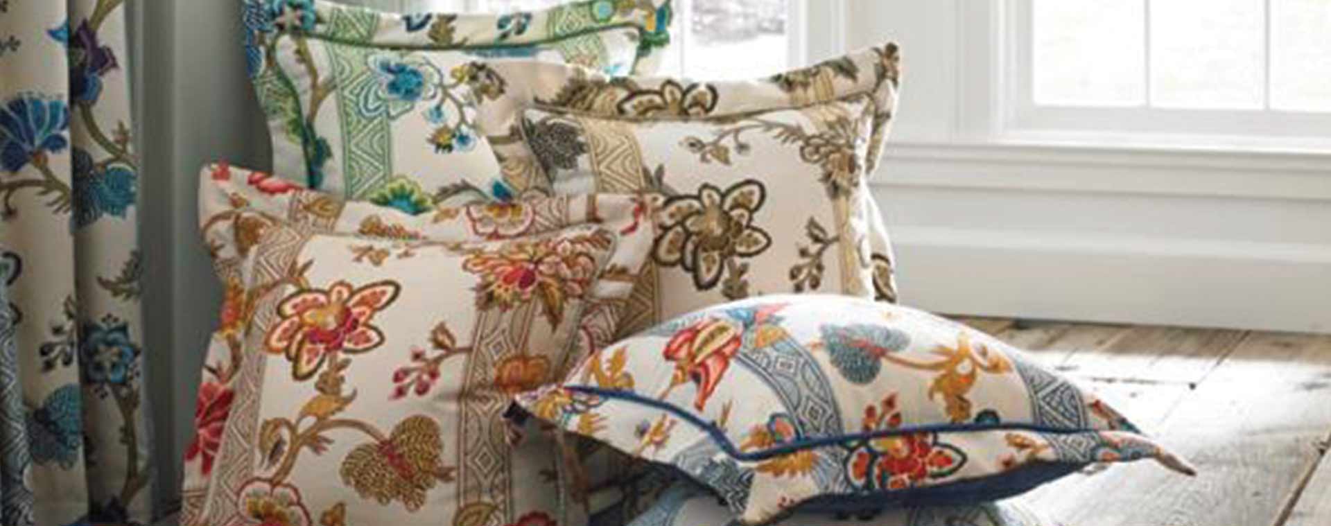 Floral print drapery fabrics in soft garden colors